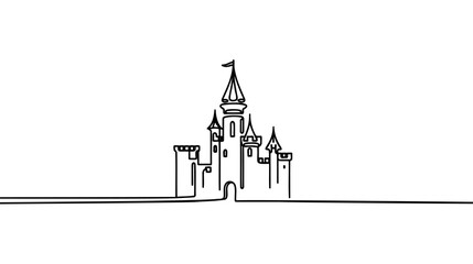 Single one line drawing of castle in an amusement park with four towers and two flags on it. © artisttop