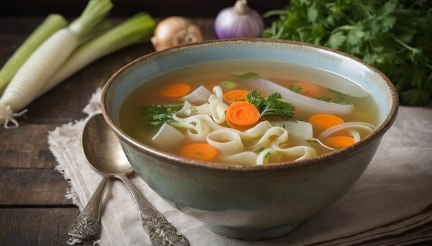 Chicken or vegetable soup broth in a vintage bowl with homemade noodles carrot onion celery herbs garlic and fresh vegetables
