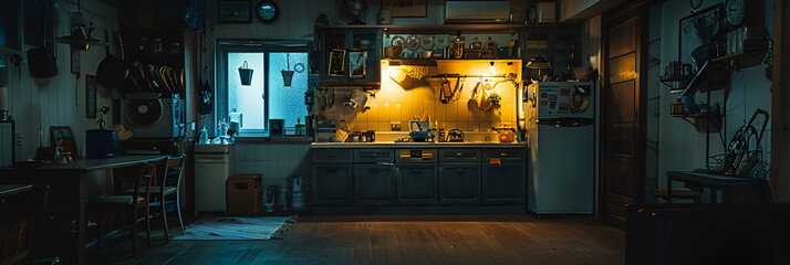 Interior of an old rustic kitchen at night with lights and smoke,Rustic Night Interior of Old Kitchen with Warm Lights and Smoke.