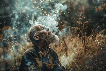 A rugged outdoor man with a thick beard exhales smoke from his mouth - obrazy, fototapety, plakaty