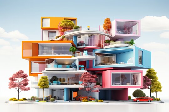 Modern Building Architecture of Colorful House Home exterior 3d rendering