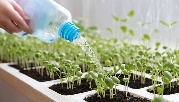 Drip irrigation of seeds using a baby bottle. Watering home plants. Cells for growing sprouts. Watering with drops.