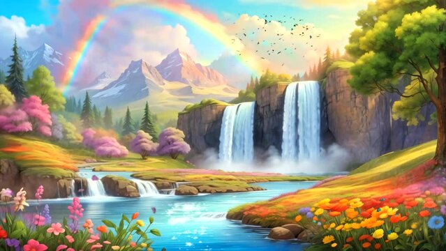 Symphony of Nature: Majestic Waterfalls in a Fantasy Natural Landscape. Seamless looping 4k time-lapse virtual video Animation background