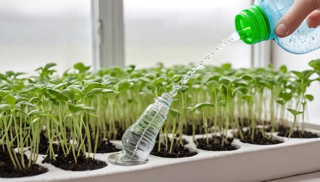 Drip irrigation of seeds using a baby bottle. Watering home plants. Cells for growing sprouts. Watering with drops.