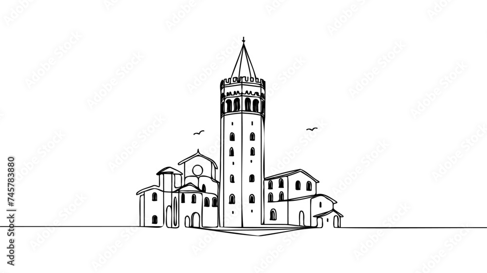 Poster one line style big tower. simple modern continuous minimalistic style vector