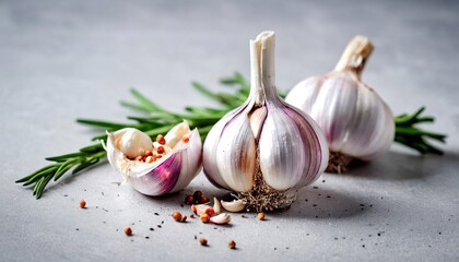 Garlic. Garlic bulbs. Fresh garlic with rosemary and pepper on white concrete board - obrazy, fototapety, plakaty