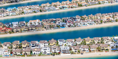 Dubai The Palm Jumeirah artificial island panorama with beach luxury villas real estate