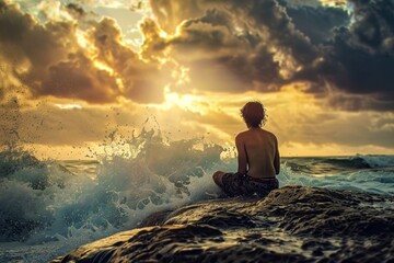 Obraz premium A lone person sits atop a rock in the ocean, surrounded by the majestic sky and water, basking in the beauty of the beach and the crashing waves as the sun sets over the sea