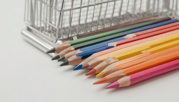Group of multicolor pencils on white checkbook in a cage