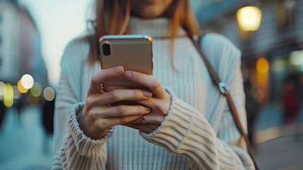 A girl is grasping a mobile phone with her hands