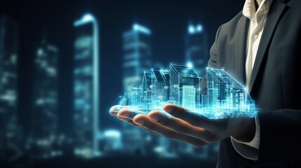 Businessman holding blue modern buildings hologram on hand, with black and white city background