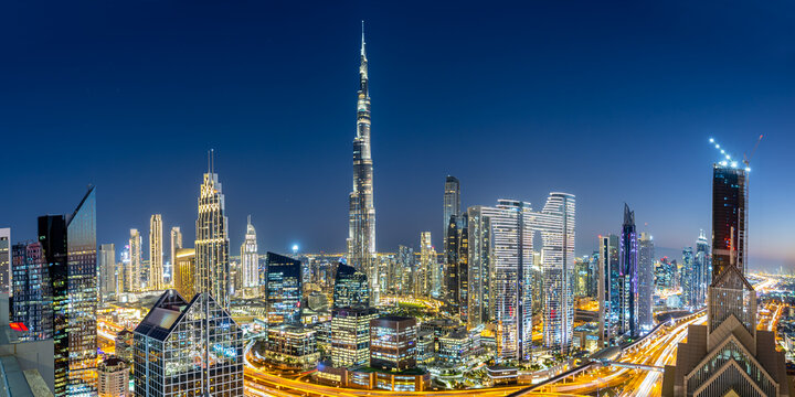 Dubai Burj Khalifa skyline tallest building in the world panorama top view at twilight downtown