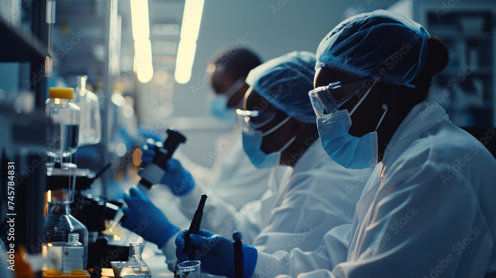 Poster with precision and care, virologists in masks conduct experiments in the laboratory, their methodica