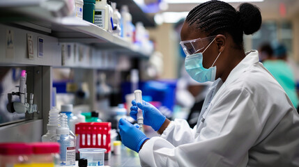 Amidst the sterile laboratory environment, virologists in masks conduct experiments with precision and care, their determined efforts aimed at advancing our understanding of viral