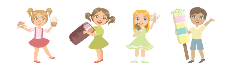 Cute Kid Character with Sweet and Sugary Treat Vector Set