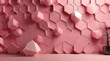 interior room decoration and structural background in pink color in pentagonal and hexagonal background decorated with the lightening and interior luxurious design    