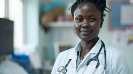 With compassion in her eyes and a smile on her lips, a female doctor in her crisp white coat embodies the epitome of healthcare excellence, offering support and healing to all thos - obrazy, fototapety, plakaty