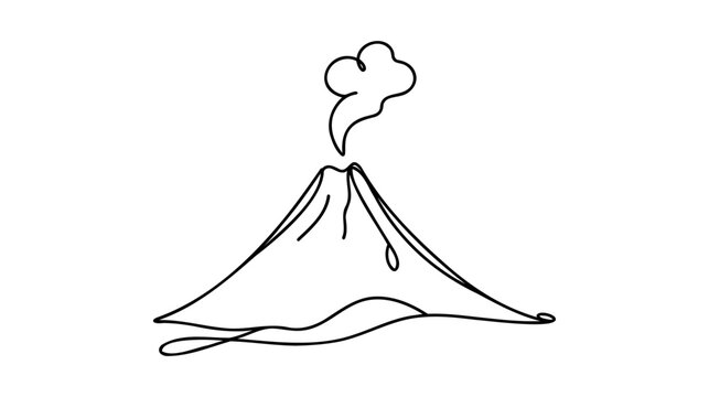 Erupting volcano in one line on a white background. Graphic illustration of flowing magma