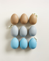 Pastel Easter Eggs as minimal pattern with white blooming Flowers on beige color, top view colorful chicken egg. Easter celebration concept. Festive food, still life holiday, aesthetic flat lay