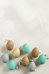 Elegant Easter Composition with Pastel Eggs and Spring Blossoms, still life Dyed eggs in soft pastel colors, top view spring holiday minimal creative pattern, neutral earth colored image, above