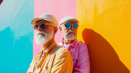 Two stylish older men dressed in bright street funky clothes, modern sunglasses on a bright pastel wall. Generative AI