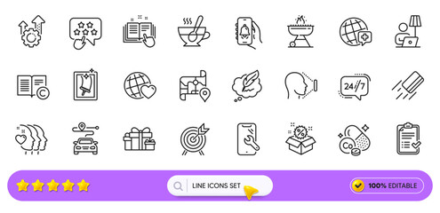 Floor lamp, Ranking star and Holiday presents line icons for web app. Pictogram icon. Line icons. Vector