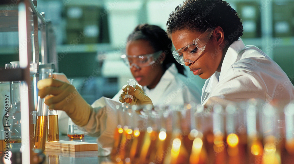 Poster within the controlled environment of the laboratory, diligent laboratory assistants gather around a 