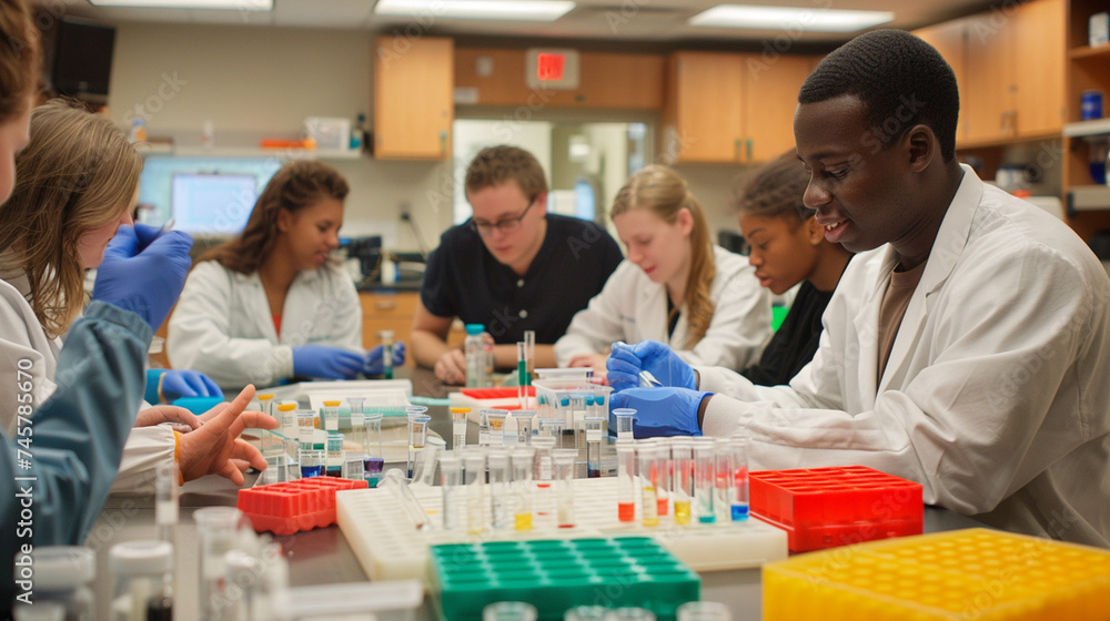 Poster within the controlled environment of the laboratory, diligent laboratory assistants gather around a 