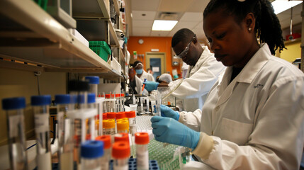 Surrounded by the tools of their trade, laboratory assistants stand focused at a table filled with test tubes and containers, their precision and expertise instrumental in unraveli
