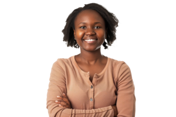 woman with folded arms and a warm smile, conveying authority with approachability.