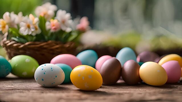 Collection of vibrantly dyed Easter eggs arranged neatly in front of a woven basket filled with delicate flowers