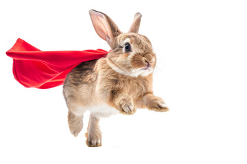rabbit leaping or in mid-jump, dressed in a superhero outfit, showcasing agility and bravery.