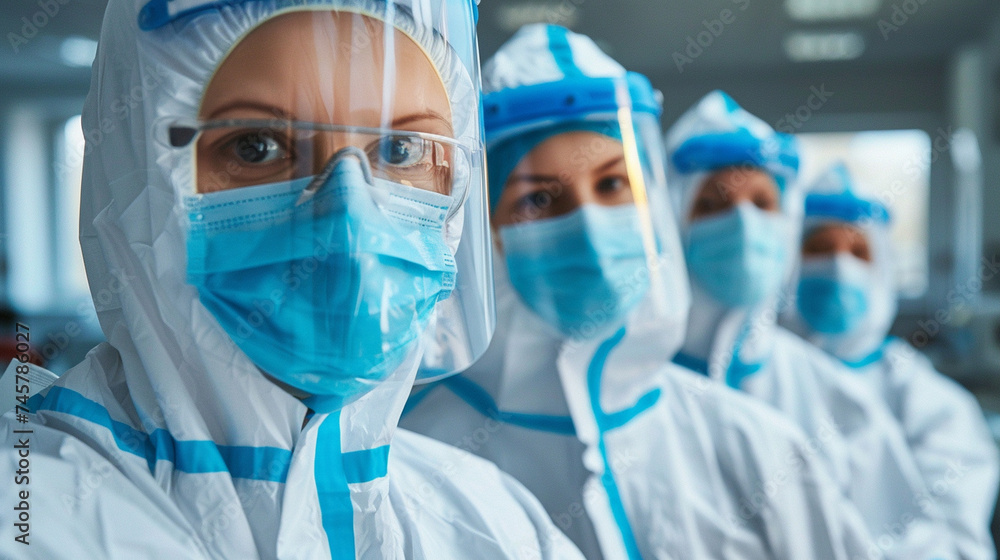 Poster clad in protective gear, virologists with masks meticulously handle samples in the laboratory, their