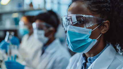 With utmost caution, virologists in masks conduct experiments in the laboratory, their focus unwavering as they work towards understanding and combating viral threats to public hea - obrazy, fototapety, plakaty