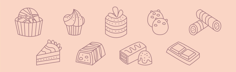 Flat Line Dessert and Sugary Pastry Treat Vector Set