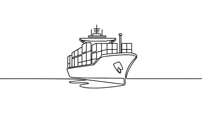 Continuous one line drawing cargo ship with containers in the port. Cargo Concept.