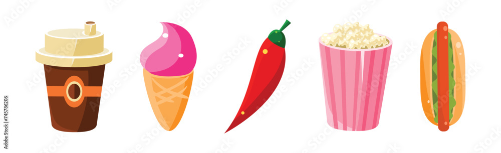 Poster fast food bright object and item vector set