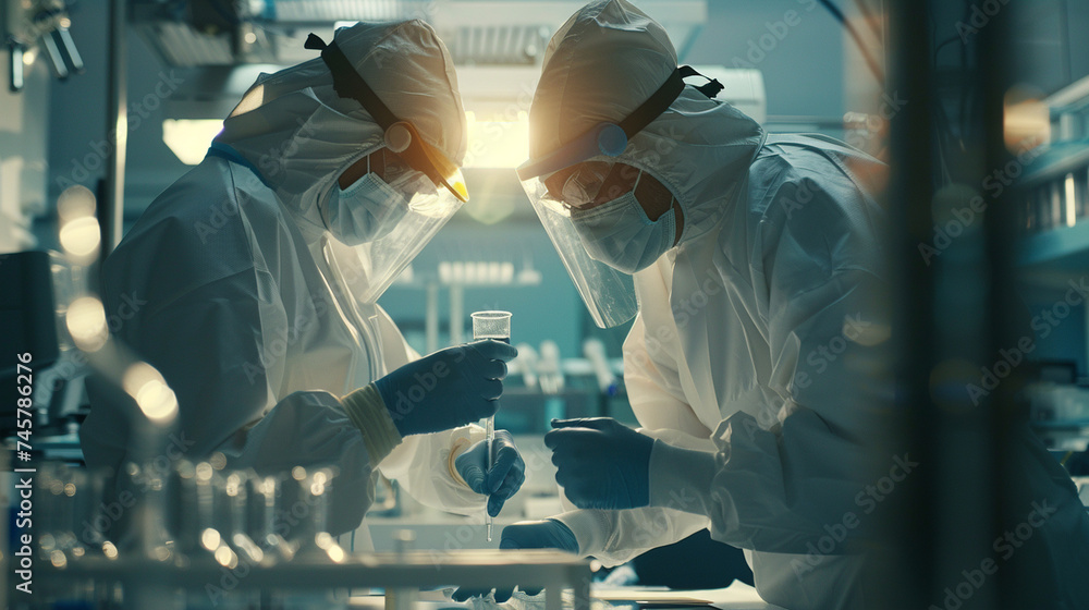 Poster with precision and care, virologists in masks conduct experiments in the laboratory, their methodica