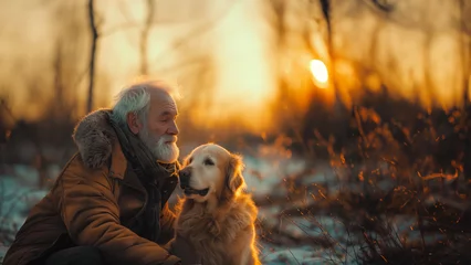 Deurstickers an elderly man with his faithful companion - a dog © AkI