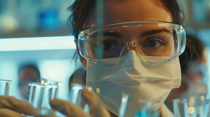 Focused and determined, virologists wearing masks meticulously analyze data in the laboratory, their collective expertise poised to provide crucial insights into the behavior and t