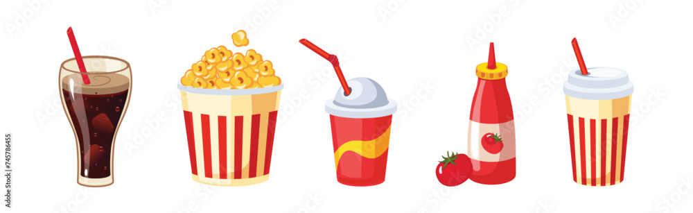 Poster fast food bright object and item vector set