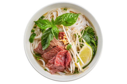 Vietnamese pho with rice noodles, thinly sliced beef, bean sprouts, basil, and lime in a fragrant beef broth.