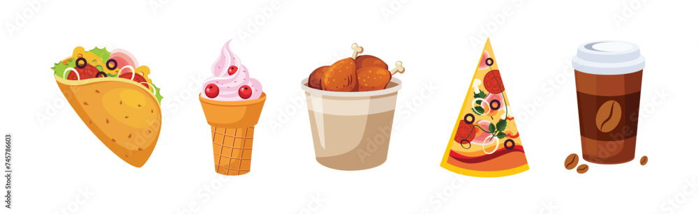 Poster fast food bright object and item vector set