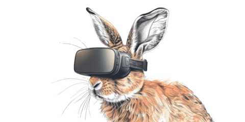 rabbit wearing VR glasses, portraying a playful and adventurous spirit eager for virtual escapades.