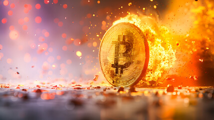 Bitcoin coin exploding with flames, technology concepts, bouncing down, stocks, and graphs of digital coins. - obrazy, fototapety, plakaty