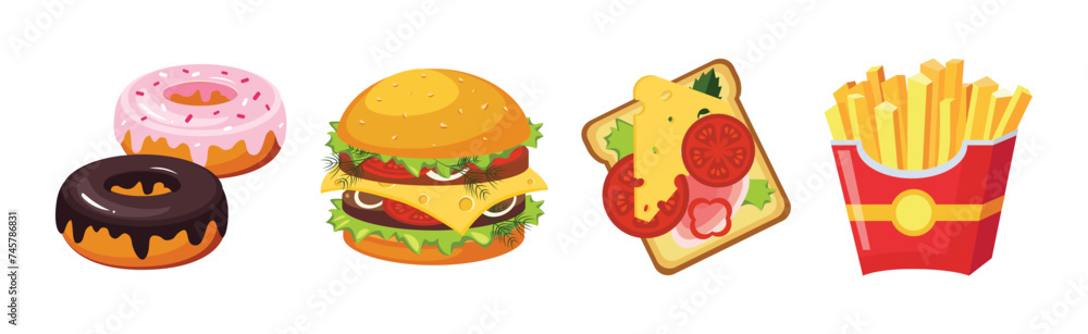 Poster fast food bright object and item vector set