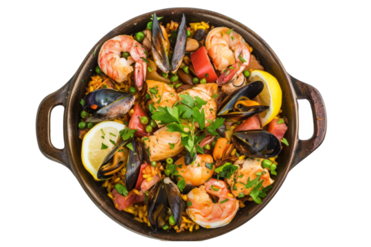 Spanish paella with saffron-infused rice, mixed seafood (shrimp, mussels, clams), chicken, chorizo, and vegetables. - Powered by Adobe