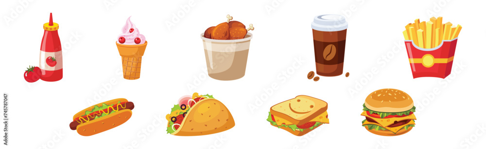 Poster fast food bright object and item vector set