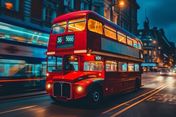 Fototapeta premium Red double-decker bus on a city street at night with blurred lights in the background