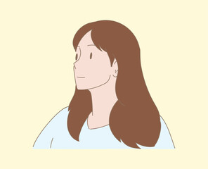 Peaceful woman looking far away, looking into the distance. Hand drawn flat cartoon character vector illustration.